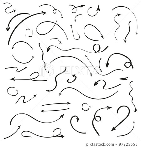 Set of hand drawn arrows icons set of different shapes, black and white drawing in a flat style. Separately on a white background. Vector 97225553