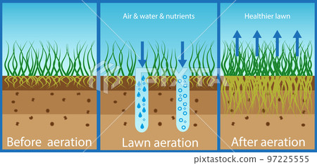 Aeration of the lawn. Enrichment with oxygen water and nutrients to improve lawn growth. Before and after aeration: gardening, lawn care services. Advantages, aeration 97225555