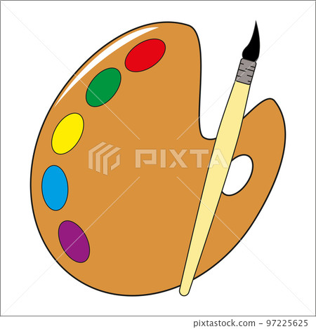 Art palette and brush. Cartoon brush colorful concept. Drawing creative illustrations of materials for design. Flat style isolated on a white background. Vector 97225625