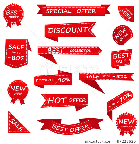 Price tag and best sale, template collection. Set of sale tags with text - best choice, special offer, discounts. Labels for design banners and postcards. Isolated on a white background. Vector Price tag and best sale, template collection. Set of sale tags with text - best choice, special offer, discounts. Labels for design banners and postcards. Isolated on a white background. Vector 97225629