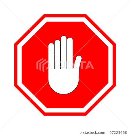 Stop sign. Red prohibitive sign with human hand in the shape of an octagon. Stop the gesture with your hand, do not enter, it is dangerous. There is no entrance. Vector 97225668