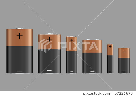 Vector battery, different size, isolated on gray background. Battery sizes or styles, various electronic industrial devices, lithium-chemical electrical components. Vector Vector battery, different size, isolated on gray background. Battery sizes or styles, various electronic industrial devices, lithium-chemical electrical components. Vector 97225676