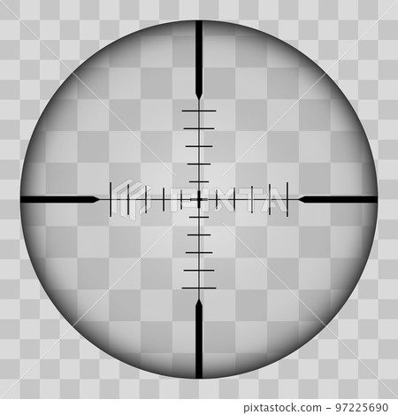 Realistic view of the area of the sniper crossroads with measures. The pattern of the sniper area stands out in a transparent tone. Inspection through the rifle sight. Vector 97225690