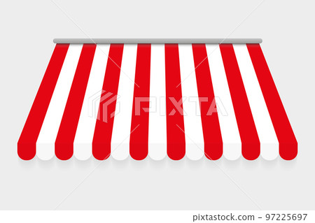 Red and white canopy for market or shop. Red and white canopy for cafe. Isolated on gray background. Awning with a striped cloth for a circus or shop. Vector 97225697