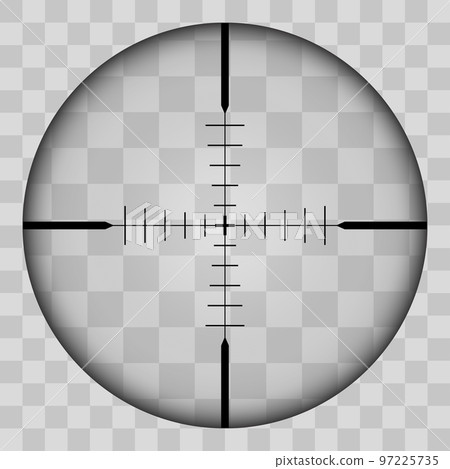 Realistic view of the area of the sniper crossroads with measures. The pattern of the sniper area stands out in a transparent tone. Inspection through the rifle sight. Vector 97225735