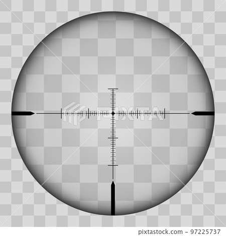 Realistic view of the area of the sniper crossroads with measures. The pattern of the sniper area stands out in a transparent tone. Inspection through the rifle sight. Vector 97225737