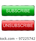 Subscribe button and unsubscribe from the template. Subscribe button and unsubscribe from the channel and news Red button to log in to social media. Vector 97225742