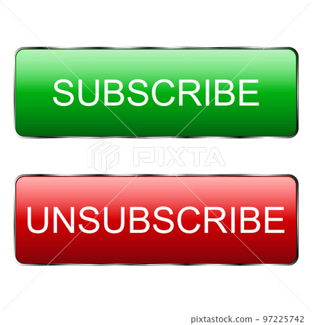 Subscribe button and unsubscribe from the template. Subscribe button and unsubscribe from the channel and news Red button to log in to social media. Vector 97225742