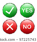 Green tick and red cross. Yes or no. 3D button with shadow on a white background with a metal outline. True or false. Buttons for websites, gadgets, applications, etc. Vector 97225743