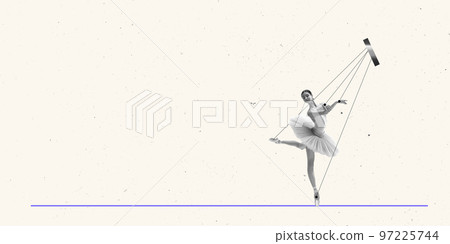 Contemporary art collage. Young girl, ballerina performing on beige background. Tender Contemporary art collage. Young girl, ballerina performing on beige background. Tender 97225744