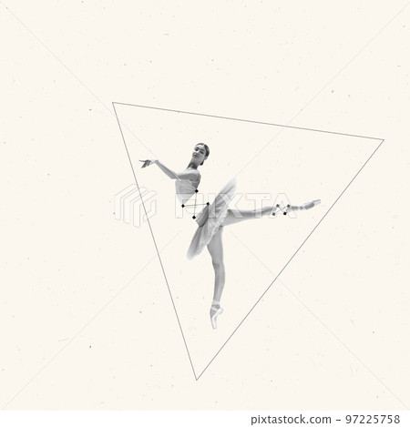 Contemporary art collage. Tender, young ballerina dancing over light beige background 97225758