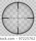 Realistic view of the area of the sniper crossroads with measures. The pattern of the sniper area stands out in a transparent tone. Inspection through the rifle sight. Vector 97225762