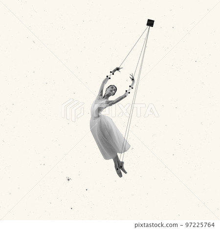 Contemporary art collage. Tender young woman, ballerina performing over light beige background 97225764