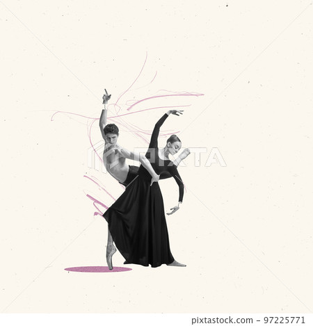 Contemporary art collage. Tender movements. Young ballet dancers performing over light beige background 97225771