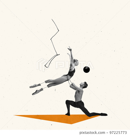 Contemporary art collage. Young ballet dancers performing over light beige background. Support 97225773