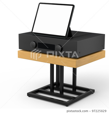 HiFi system with tablet and amplifier on stand for home theater on white. 97225829