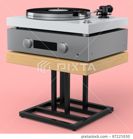 HiFi system with DJ turntable and amplifier on stand for home theater on pink. 97225830