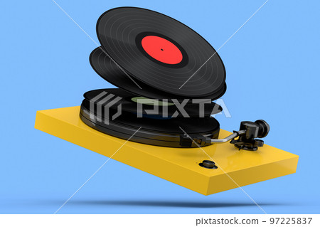 Vinyl record player or DJ turntable with flying vinyl plate on blue background. Vinyl record player or DJ turntable with flying vinyl plate on blue background. 97225837