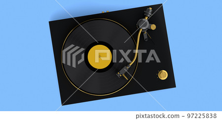 Vinyl record player or DJ turntable with retro vinyl disk on blue background. Vinyl record player or DJ turntable with retro vinyl disk on blue background. 97225838