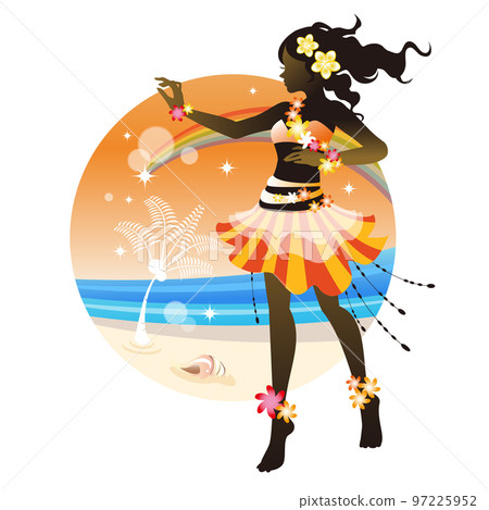 草裙舞女人剪影和夏威夷場景的彩色插圖 草裙舞女人剪影和夏威夷場景的彩色插圖 97225952