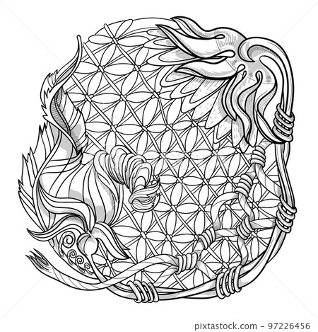 Asymmetry Black and white doodle Floral mandala. Bouquet line art vector illustration isolated on white 97226456