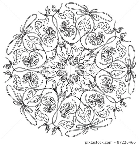 Asymmetry Black and white doodle Floral mandala. Bouquet line art vector illustration isolated on white background Asymmetry Black and white doodle Floral mandala. Bouquet line art vector illustration isolated on white background 97226460