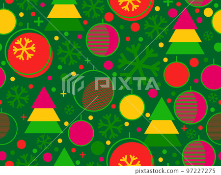 Christmas seamless pattern. Christmas balls in a linear style, snowflakes and geometric Christmas trees made of triangles in the 80s style. Vector illustration 97227275