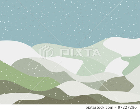 Winter landscape with snowy hills. Mountain landscape in flat style, winter cold weather. View of the snowy hills. Design for posters, travel agencies and promotional items. Vector illustration 97227280