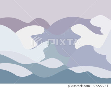 Winter landscape with snowy hills. Mountain landscape in a flat style, winter cold weather. View of the snow-capped hills. Design for prints and posters, promotional items. Vector illustration 97227281
