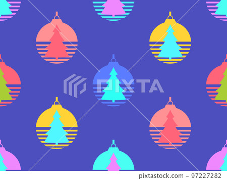 Christmas tree on the background of a Christmas tree ball in retro style of the 80s. Christmas seamless pattern. Festive design for greeting card, promotional material and banner. Vector illustration Christmas tree on the background of a Christmas tree ball in retro style of the 80s. Christmas seamless pattern. Festive design for greeting card, promotional material and banner. Vector illustration 97227282