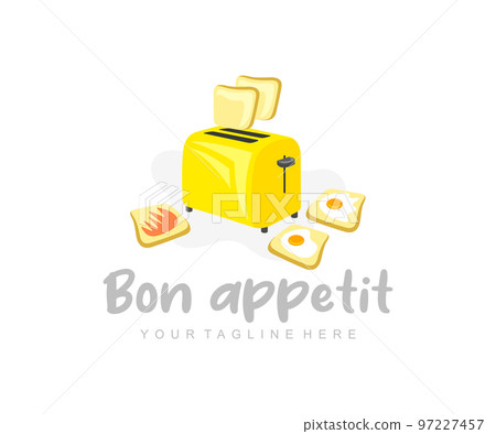 Toaster and toast, bread, eggs and jam, logo design. Food, meal, breakfast, canteen and catering, vector design and illustration 97227457
