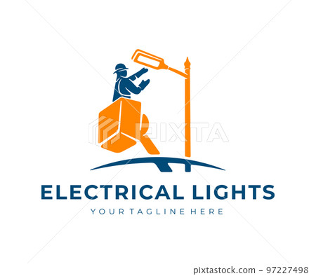 Electrician in lift bucket or bucket truck, repairing street light, logo design. Bucket lift, electrical, electricity, lighting and repair, vector design and illustration 97227498