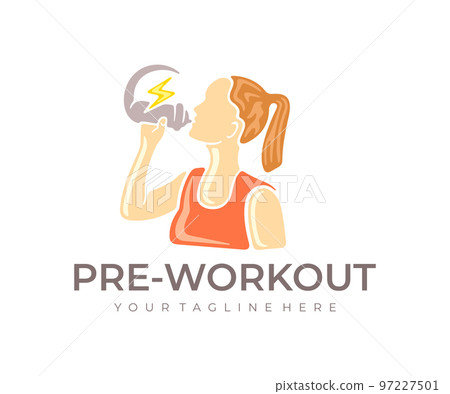 Woman drinking nutritional supplement or energy drink before workout, logo design. Food, healthy lifestyle, workout, sport and fitness, vector design and illustration Woman drinking nutritional supplement or energy drink before workout, logo design. Food, healthy lifestyle, workout, sport and fitness, vector design and illustration 97227501