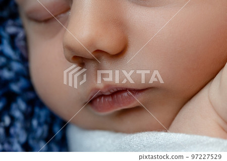 Newborn - baby, face close-up. The sleeping Newborn boy under a white knitted blanket lies on the blue fur. 97227529