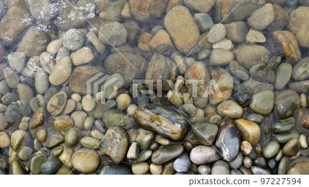 rounded texture stones in transparent water as a natural background, stone space of a sea or river bank in a small amount of water, tide-turned cobblestones as a banner full frame 97227594