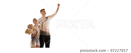 Win. Portrait of young man and woman, figure skating athletes posing isolated over white background. Flyer Win. Portrait of young man and woman, figure skating athletes posing isolated over white background. Flyer 97227857