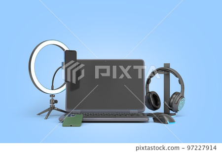 modern laptop with accessories for streaming 3d render image on blue modern laptop with accessories for streaming 3d render image on blue 97227914