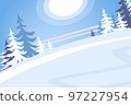 Poster in the forest from winter. Beautiful winter landscape with fir trees. Winter background postcard. 97227954