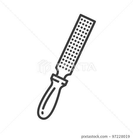 Metal rasp on handle isolated coarse file outline icon. Vector nailfile with handle, chisel used to coarsely shaping wood. Working instrument, construction building and carpentry tool linear sign Metal rasp on handle isolated coarse file outline icon. Vector nailfile with handle, chisel used to coarsely shaping wood. Working instrument, construction building and carpentry tool linear sign 97228019
