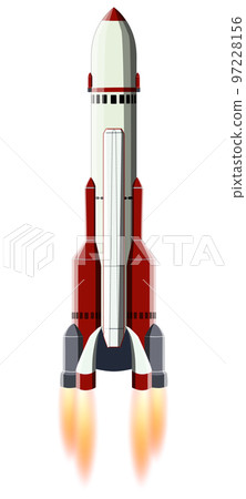 Cartoon space rocket with elongated body and flame from nozzles isolated on white. Design element. 97228156