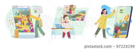 Happy man power from gaming with cryptocurrency, gameplay to earn, NFT, Metaverse, digital world 97228199