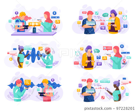 Voice assistant. Smart speaker virtual assistant, sound robot, people using voice controlled smart speaker 97228201