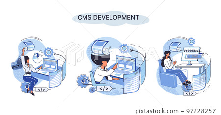 Concept of digital content management system, CMS development software metaphor, program development service technology 97228257