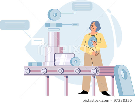 Smart manufacture at automated production industry. Man watching industrial conveyor with robot work 97228330