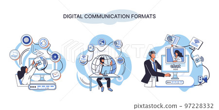 Digital communication formats metaphor, content with online data and social media streaming, mobile app 97228332