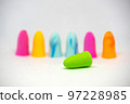 Set of colorful earplugs isolated on white background with space for copytext 97228985