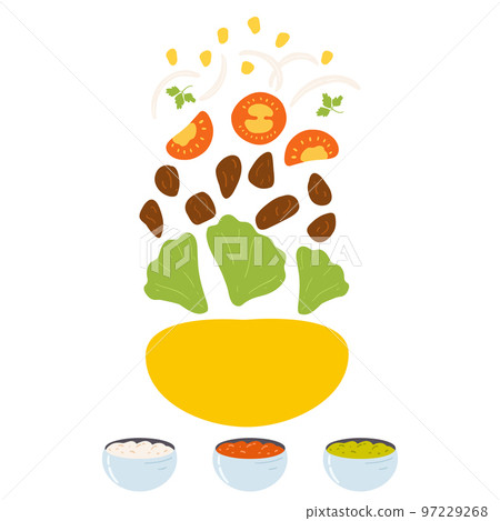 Ingredients for taco in cartoon flat style. Vector illustration of traditional Mexican food, Latin American cuisine with fresh vegetables, meat and corn tortilla 97229268
