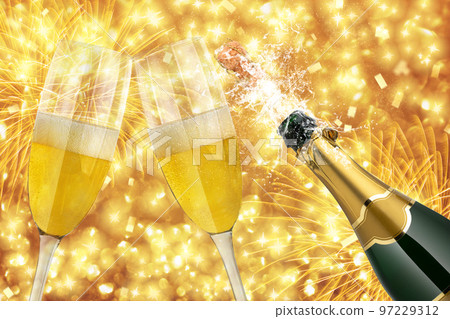 Merry Christmas and Happy New Year, celebration background with two glasses and uncorked champagne bottle splashing. Merry Christmas and Happy New Year, celebration background with two glasses and uncorked champagne bottle splashing. 97229312