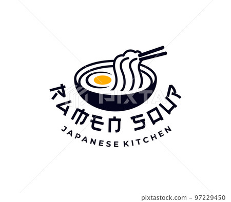 Japanese kitchen, ramen soup, noodles with egg, logo design. Food, restaurant, catering and canteen, vector design and illustration 97229450