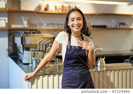 Portrait of smiling asian entrepreneur, independent coffee shop owner, wearing apron, working in cafe, wearing apron 97229460